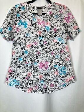 Careisma by Sofia Vergara "Just Fleur Fun" Floral Mock Wrap Scrub Top Sz L